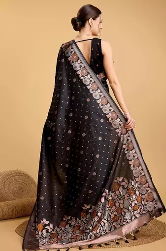 black silk blend printed saree with blouse