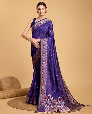 blue silk blend printed saree with blouse 1
