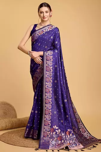 blue silk blend printed saree with blouse