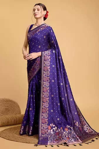 blue silk blend printed saree with blouse