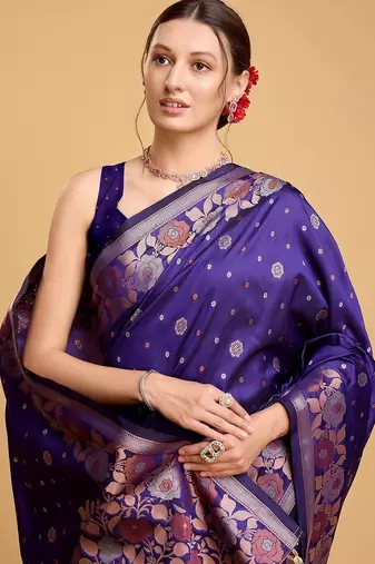 blue silk blend printed saree with blouse