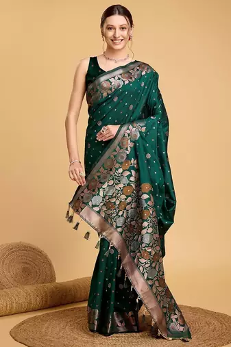 green silk blend printed saree with blouse