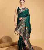 green silk blend printed saree with blouse