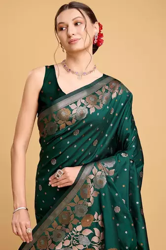 green silk blend printed saree with blouse