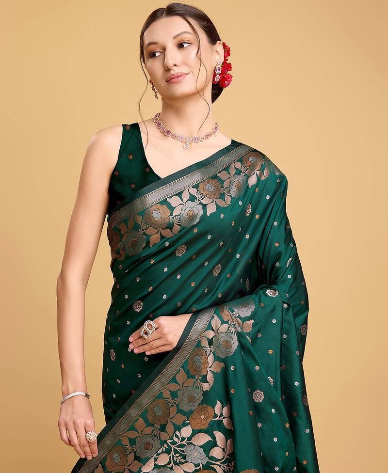 green silk blend printed saree with blouse