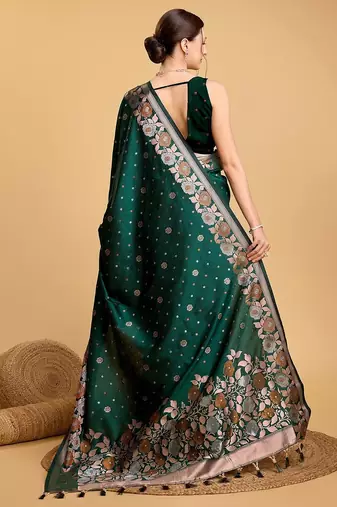 green silk blend printed saree with blouse