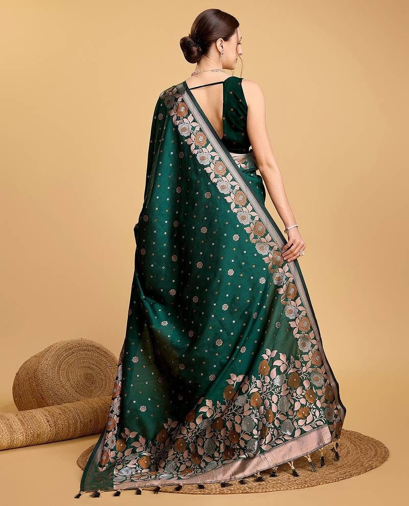 green silk blend printed saree with blouse