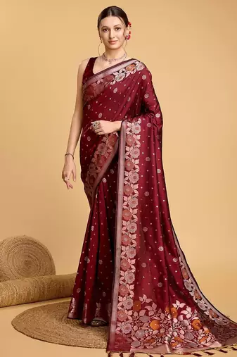 maroon silk blend printed saree with blouse