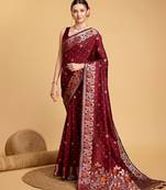 maroon silk blend printed saree with blouse