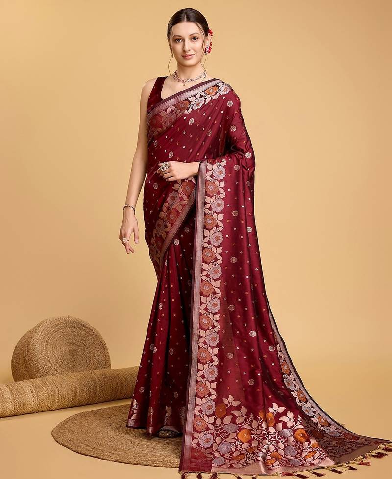 maroon silk blend printed saree with blouse