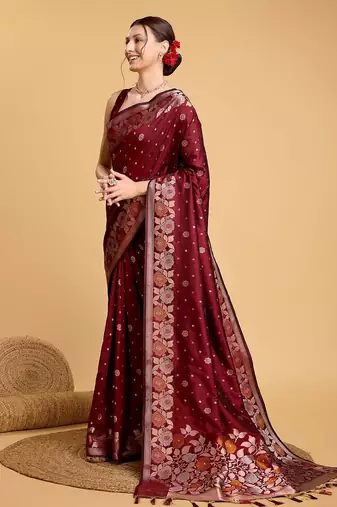 maroon silk blend printed saree with blouse