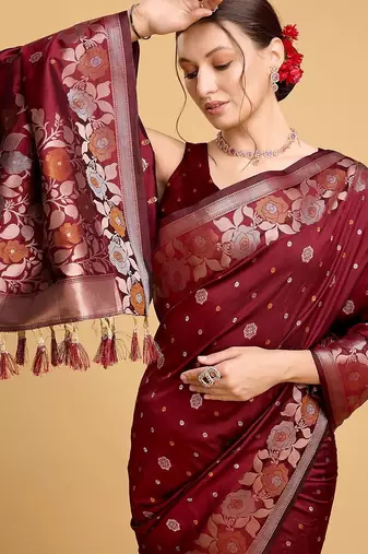 maroon silk blend printed saree with blouse