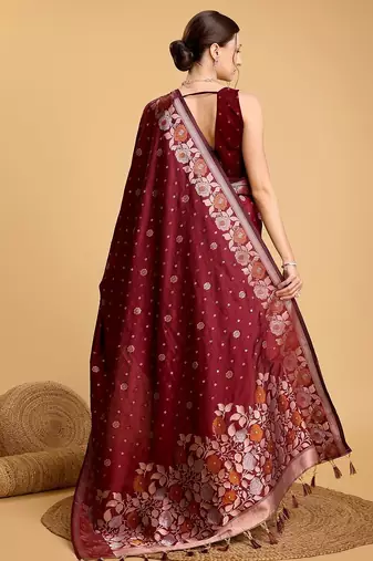 maroon silk blend printed saree with blouse
