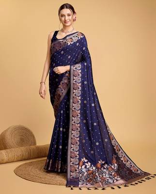 navy blue silk blend printed saree with blouse 1