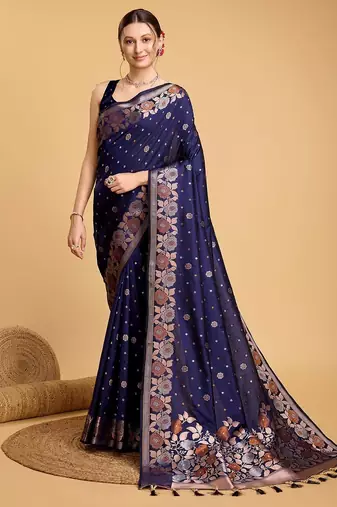 navy blue silk blend printed saree with blouse