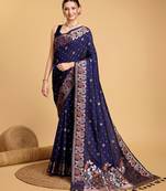 navy blue silk blend printed saree with blouse