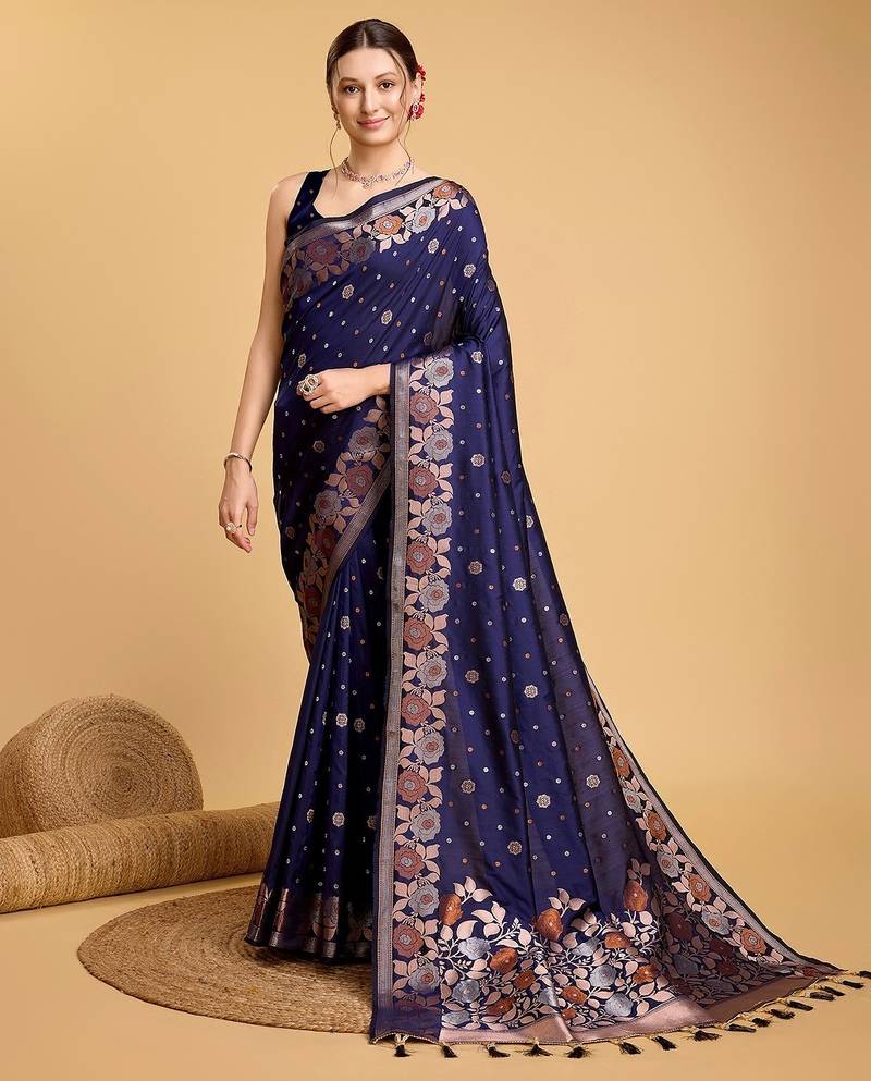 navy blue silk blend printed saree with blouse