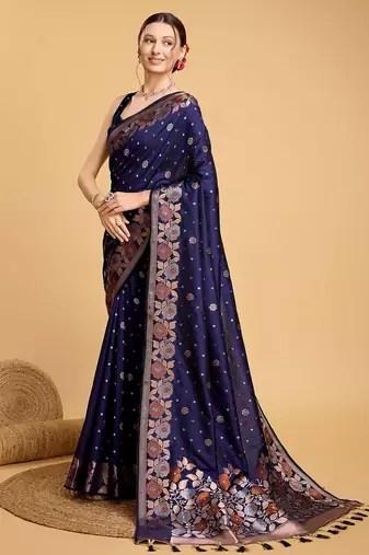 navy blue silk blend printed saree with blouse
