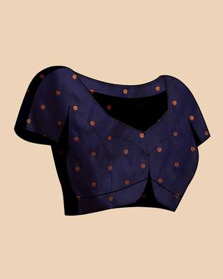 navy blue silk blend printed saree with blouse 5