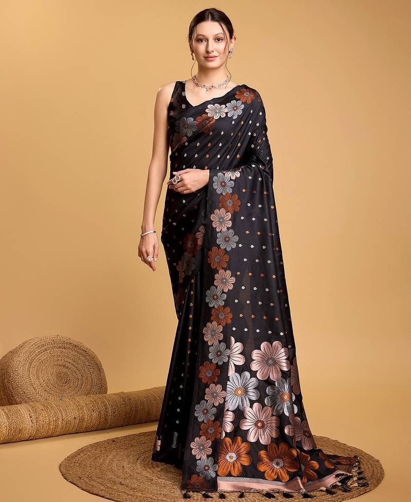 black silk blend printed saree with blouse