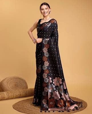black silk blend printed saree with blouse 2