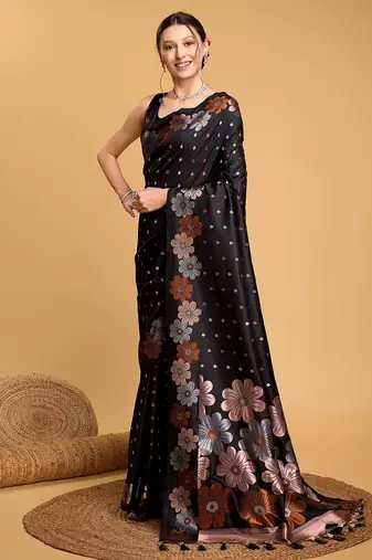 black silk blend printed saree with blouse