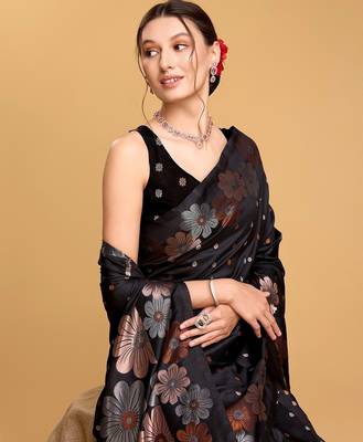 black silk blend printed saree with blouse 3