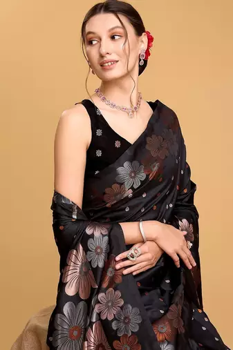 black silk blend printed saree with blouse