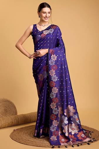 blue silk blend printed saree with blouse