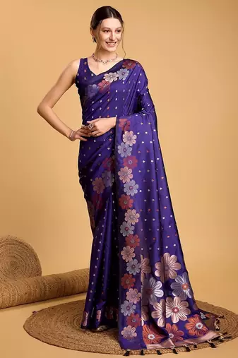 blue silk blend printed saree with blouse