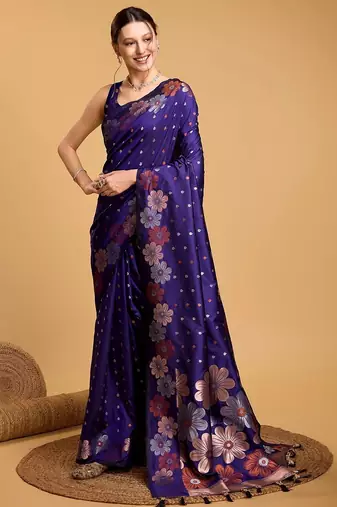 blue silk blend printed saree with blouse