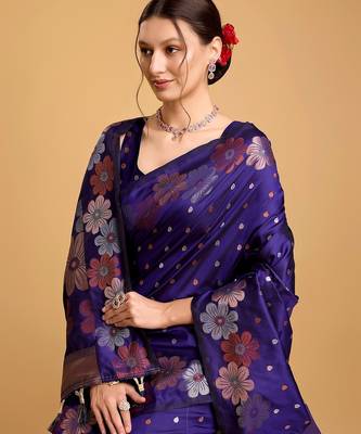 blue silk blend printed saree with blouse 3