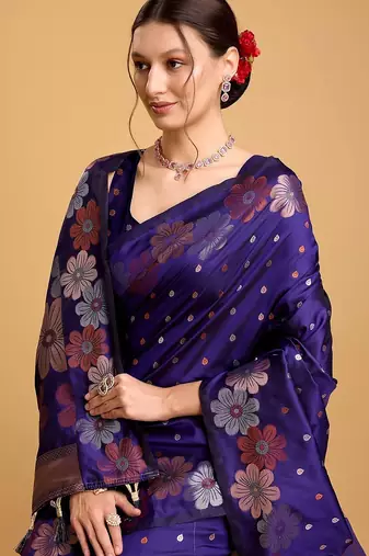 blue silk blend printed saree with blouse