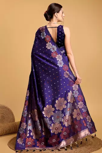 blue silk blend printed saree with blouse