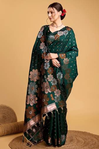 green silk blend printed saree with blouse