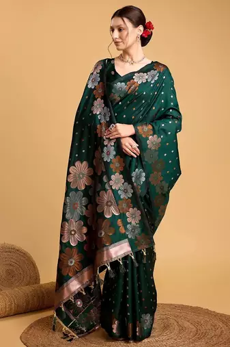 green silk blend printed saree with blouse