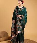 green silk blend printed saree with blouse