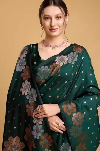 green silk blend printed saree with blouse