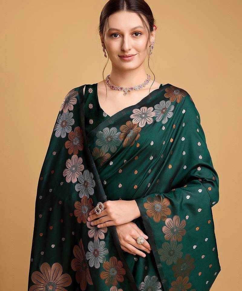 green silk blend printed saree with blouse