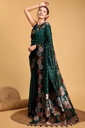 green silk blend printed saree with blouse