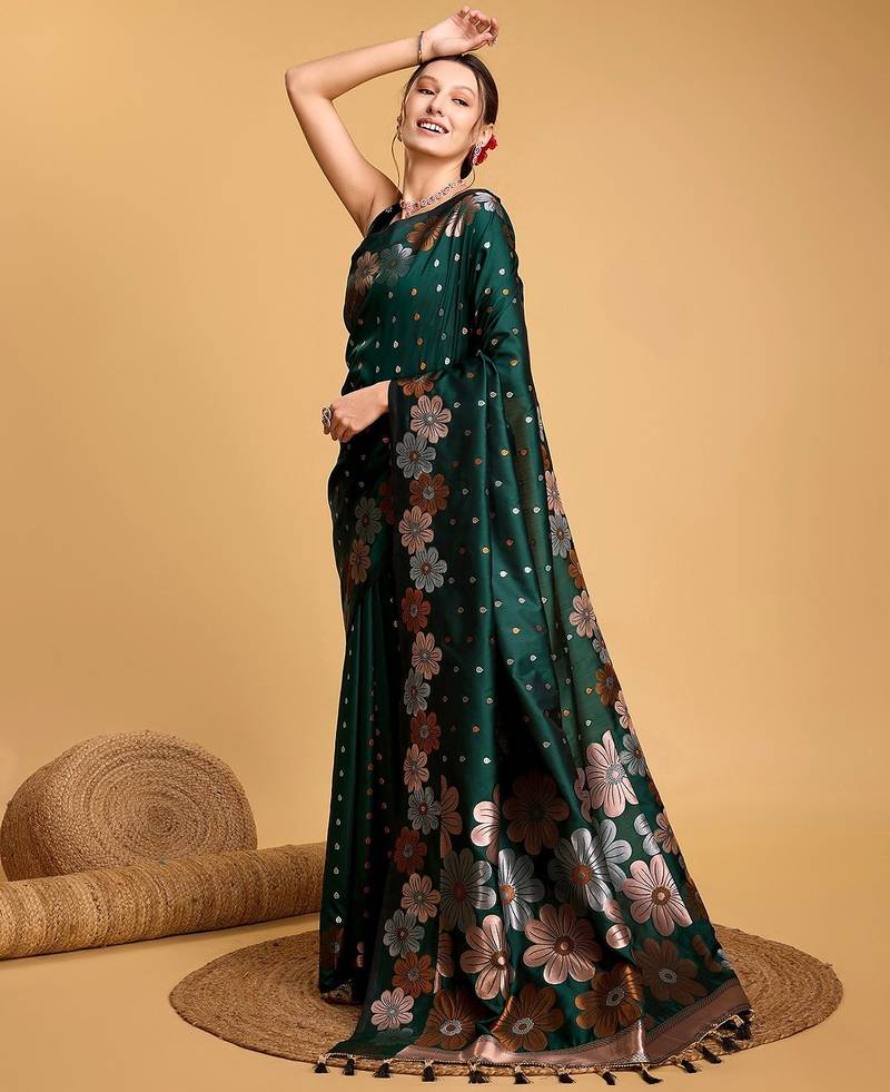 green silk blend printed saree with blouse