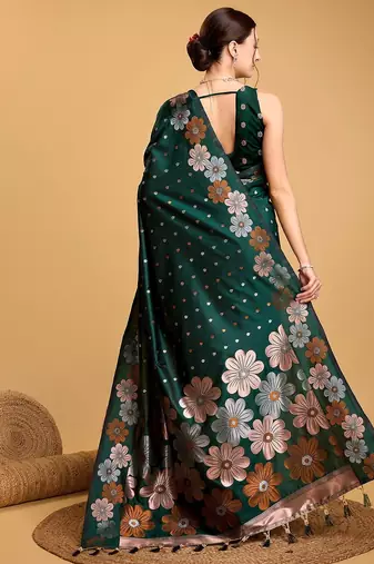 green silk blend printed saree with blouse