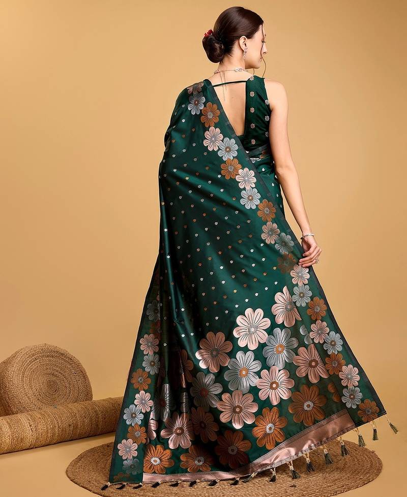green silk blend printed saree with blouse