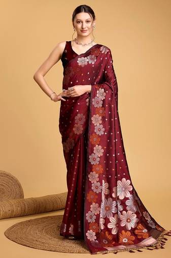 maroon silk blend printed saree with blouse