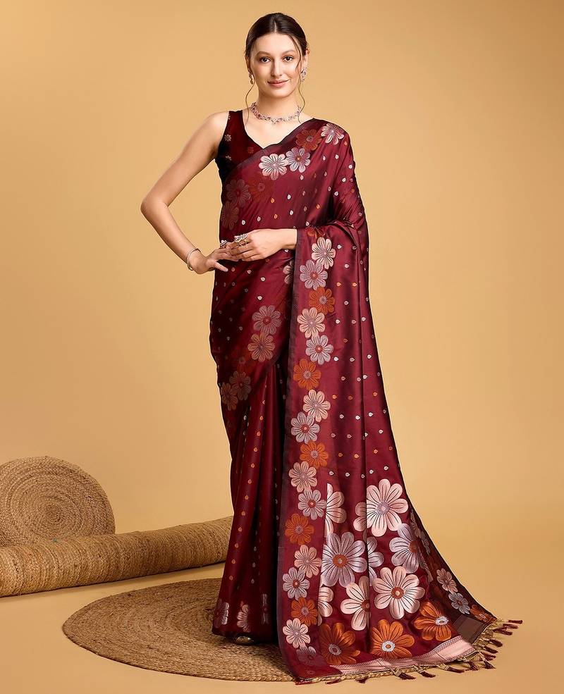 maroon silk blend printed saree with blouse
