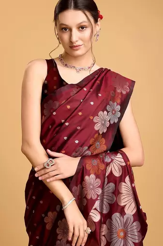 maroon silk blend printed saree with blouse