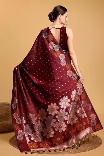 maroon silk blend printed saree with blouse