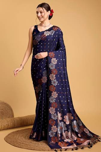 navy blue silk blend printed saree with blouse
