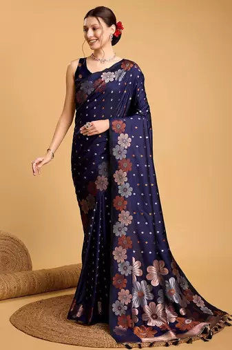 navy blue silk blend printed saree with blouse