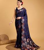 navy blue silk blend printed saree with blouse